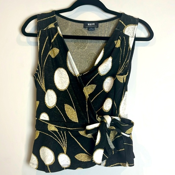 Anthropologie Maeve Craspedia Metallic Gold Floral Wrap Tank Shirt Top - Picture 1 of 6